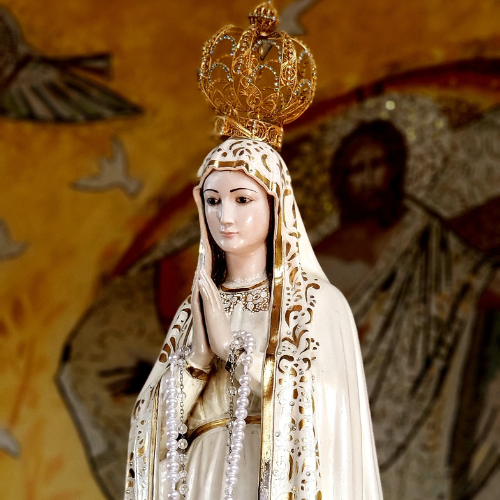 Cosmology of the Rose - square images(10) A statue of the Virgin Mary in a Catholic church, with her hands joined in prayer and a gold crown on her head