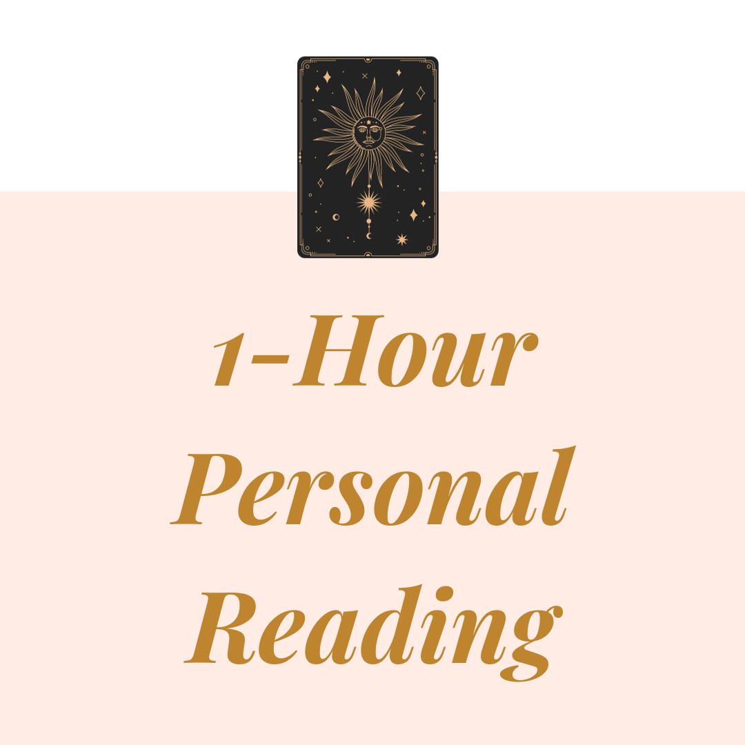 An image containing the words "One-Hour Year Ahead Reading" and a picture of an oracle card in black and gold colours