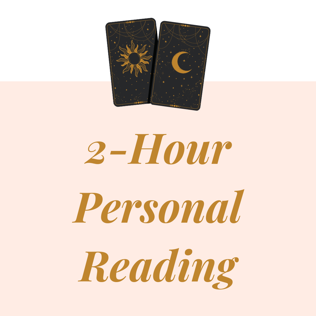 A clickable image containing the words "Two-Hour Personal Reading" and a picture of two oracle cards in black and gold colours