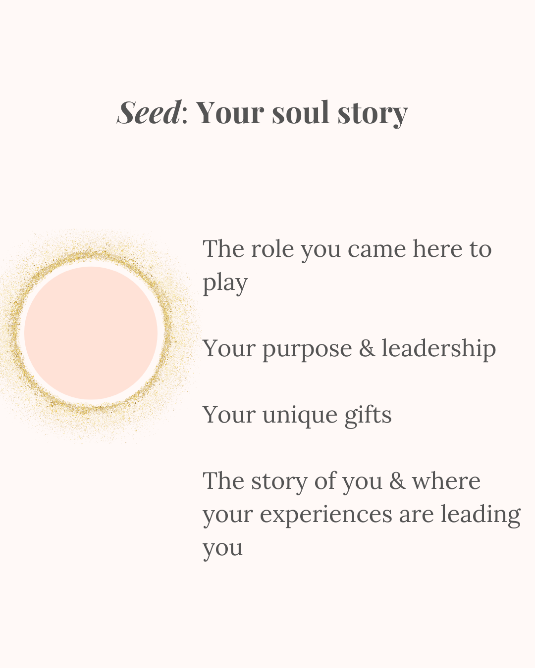 An image of what appears to be a seed but also appears like a shining sun. The heading above is: "Seed: Your soul story". The words beside the image say: "The role you came here to play Your purpose & leadership Your unique gifts The story of you & where your experiences are leading you"